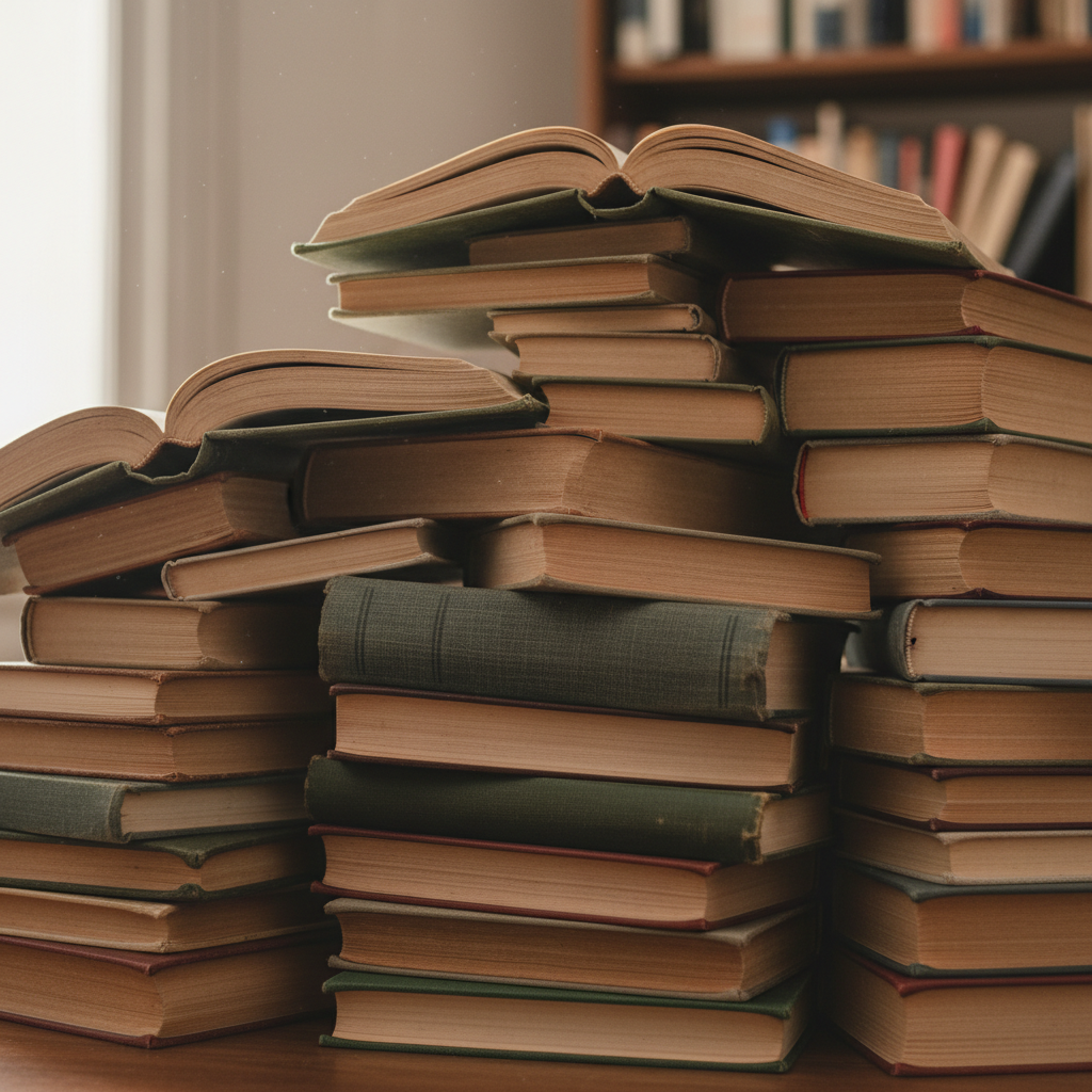 a generic pile of books with no visible titles, suitable for a books page